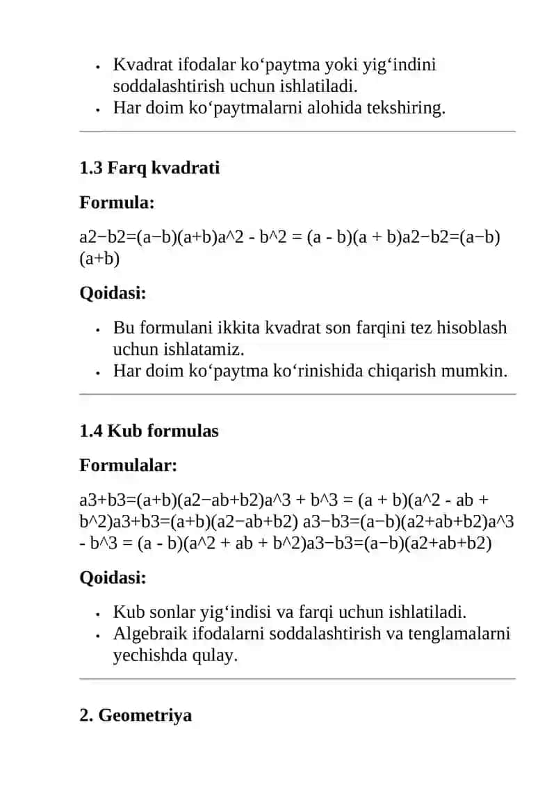 Matematika Formulalari va Qoidalari – Amaliy Ishlar Uchun 2
