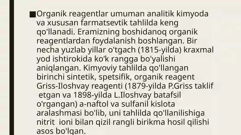 analitik kimyoda Organik reagentlarning qo'llanilishi 2