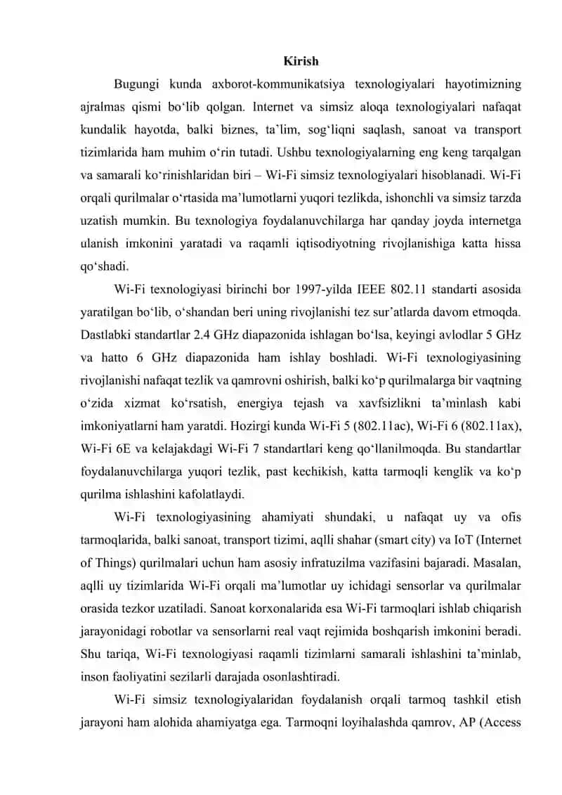Wi-Fi simsiz texnologiyalari. Wi-Fi simsiz texnologiyalaridan foydalanish bilan simsiz aloqa tarmog‘ini tashkil etish. Wi-Fi simsiz texnologiyalarining yangi standartlari. 2