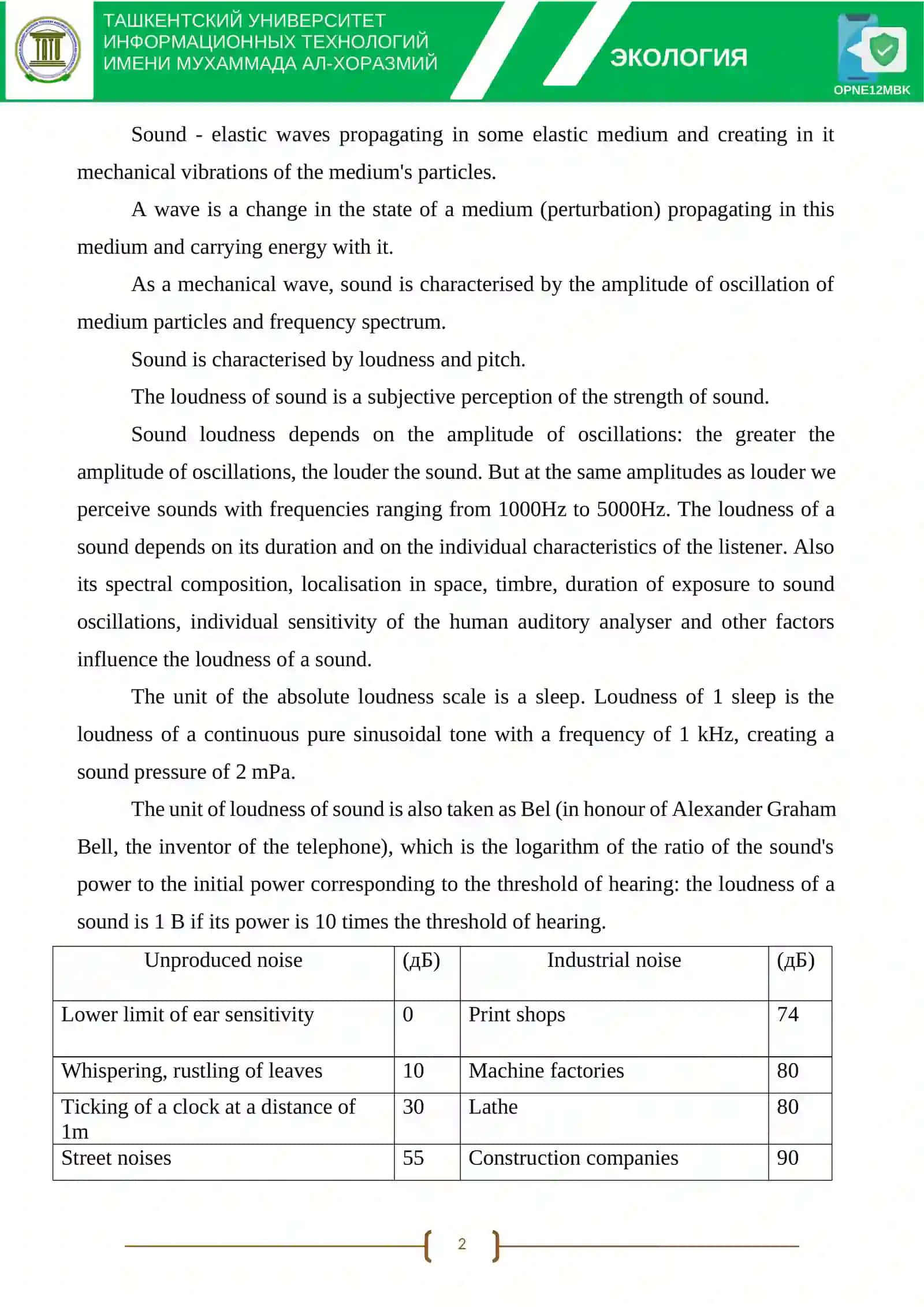 THEME 8: NOISE POLLUTION OF THE ENVIRONMENT AND ITS IMPACT ON HUMANS 2