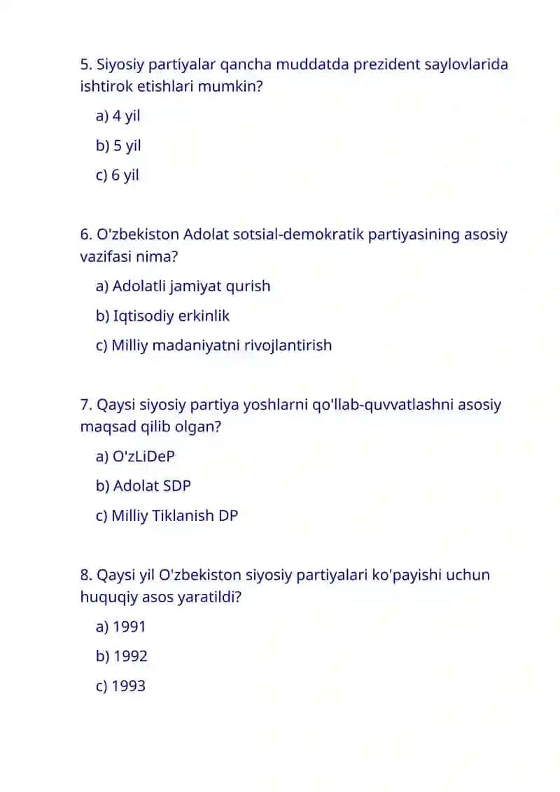 Siyosiy partiyalar haqida test savollari 2