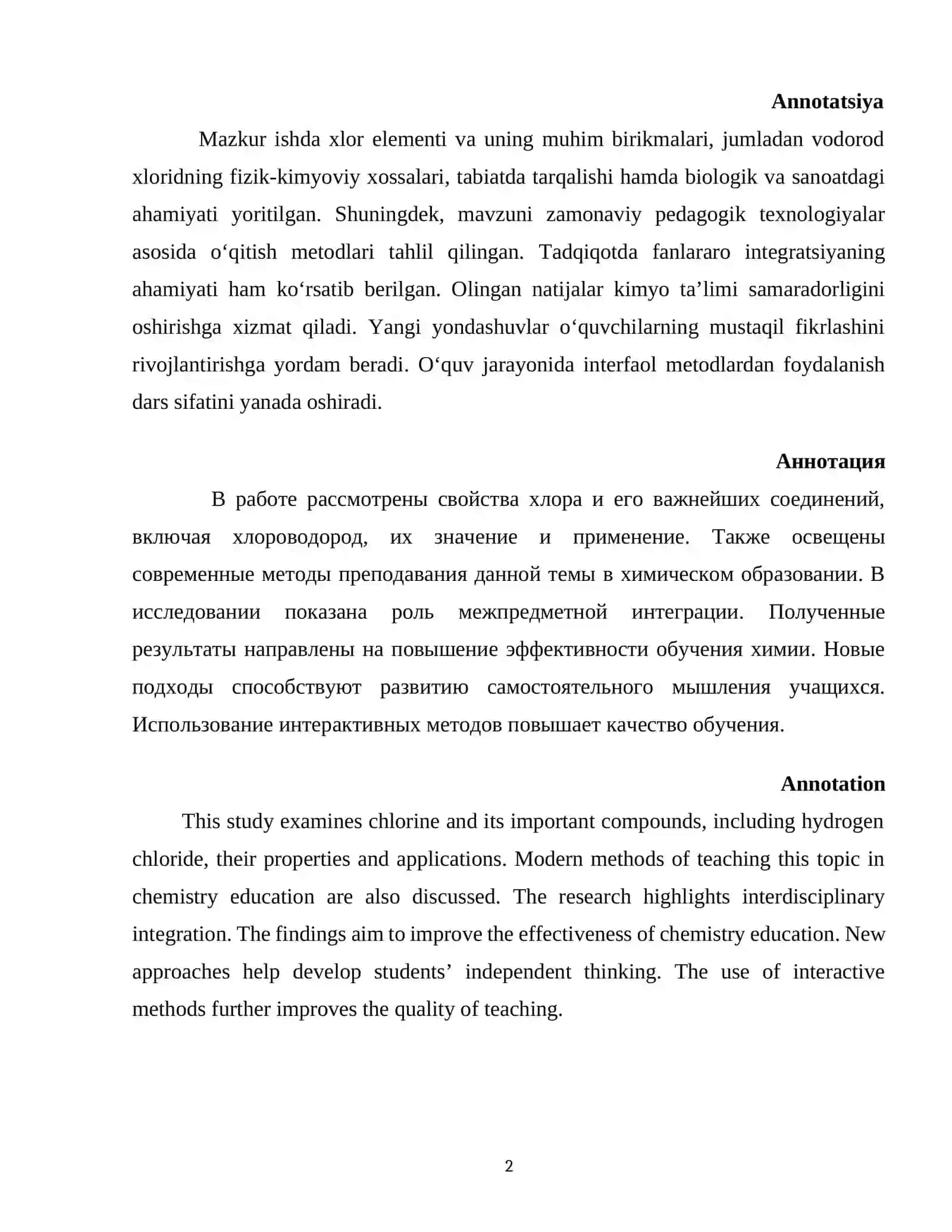 "XLOR, VODOROD XLORID MAVZUSINI O’QITISH METODIKASI" 2