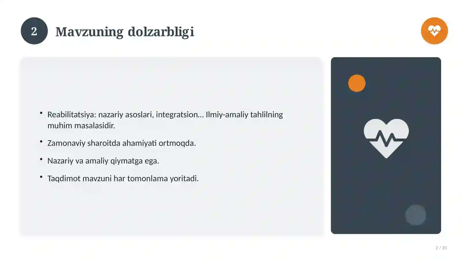 Reabilitatsiya: nazariy asoslari, integratsion yondashuvda (Amaliyot hisoboti) 2