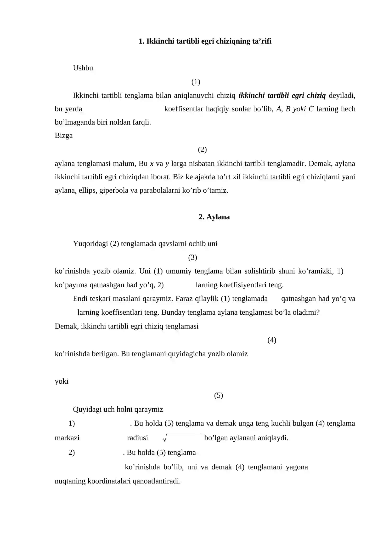 Ikkinchi tartibli egri chiziqlar va ularning 2