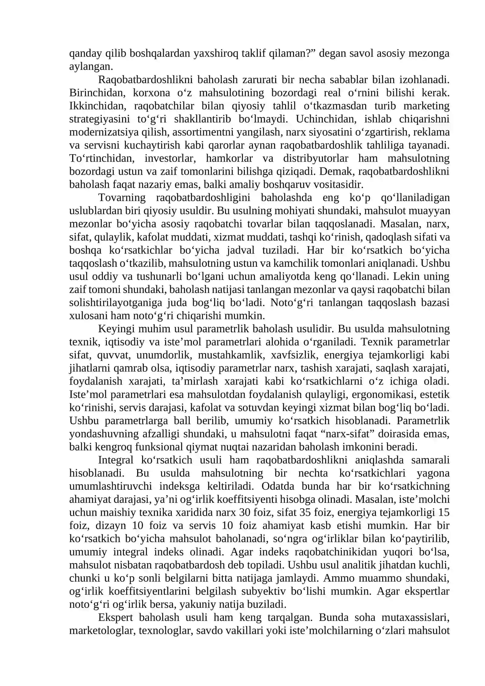 Tovarning raqobatbardoshligini baholash uslublari 2