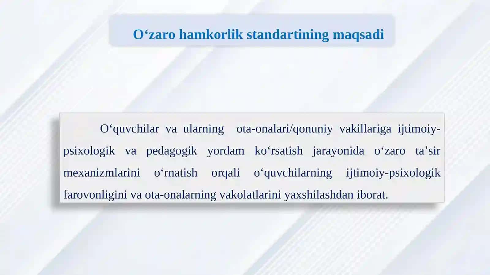 OʻQUVCHILARNI KASB-HUNARGA YOʻNALTIRISH VAPSIXOLOGIK-PEDAGOGIK RESPUBLIKA TASHXISMARKAZI TAʼLIM MUASSASALARI PEDAGOGLARI VAPSIXOLOGLARINING OʻQITUVCHILAR VA OTA-ONALARBILAN OʻZARO HAMKORLIGI STANDARTLARI 2