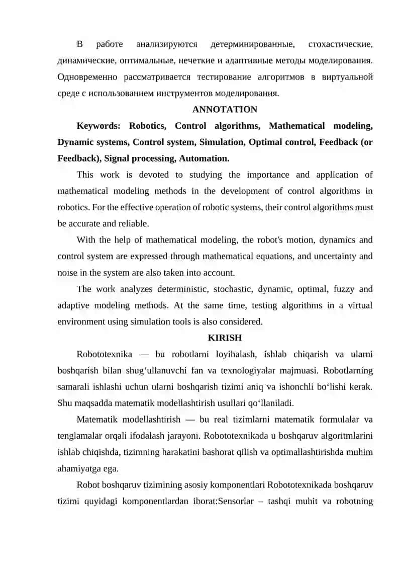 ROBOTOTEXNIKADA BOSHQARUV ALGORITMLARINI ISHLAB CHIQISHDA MATEMATIK MODELLASHTIRISH USULLARI 2