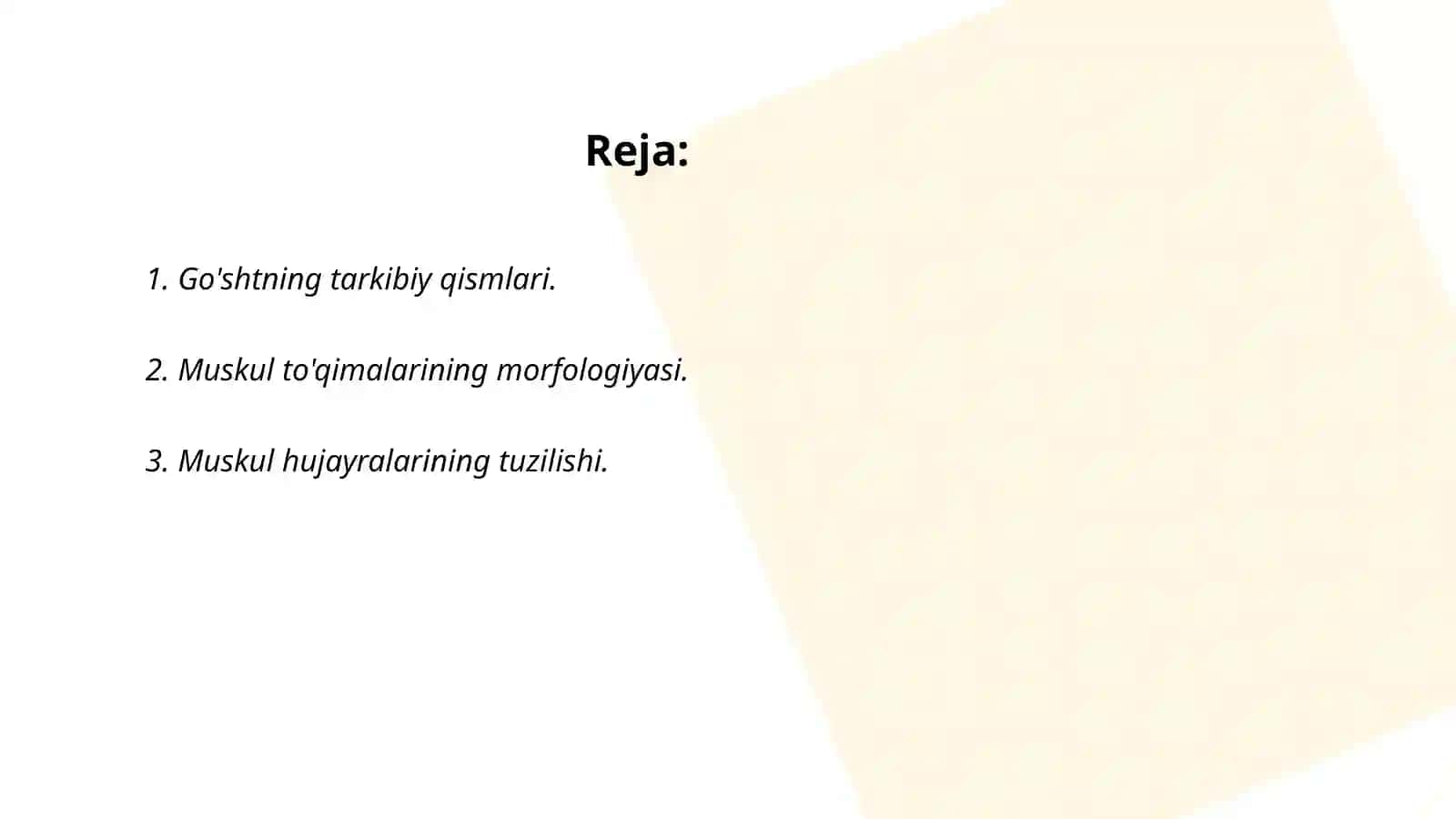 Go'shtning yangiligini aniqlash. Muskul to'qimalarining tuzilishini aniqlash 2