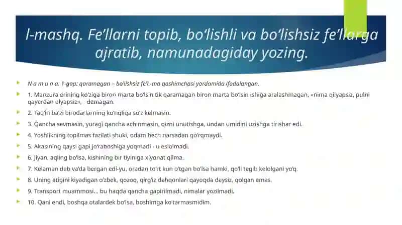 FE’l MAVZU sibo‘yicha topshiriqlar 2