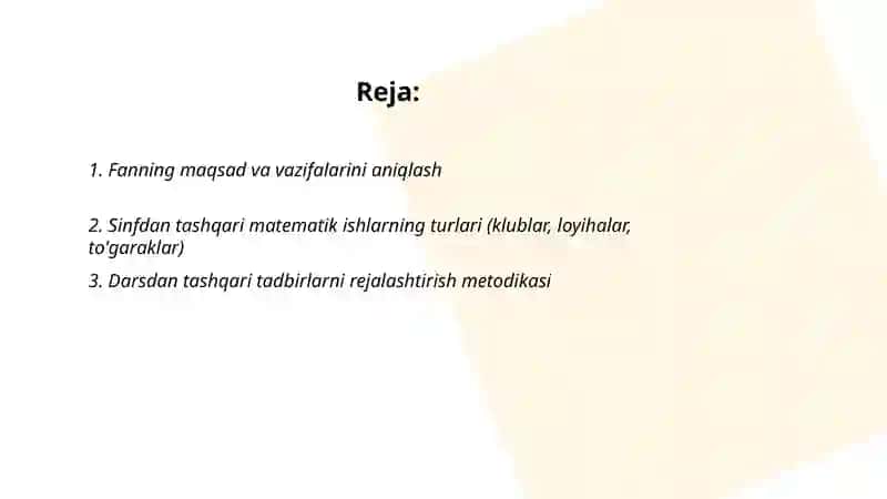 Matematikadan sinfdan tashqari ishlarni tashkil etish metodikasi 2