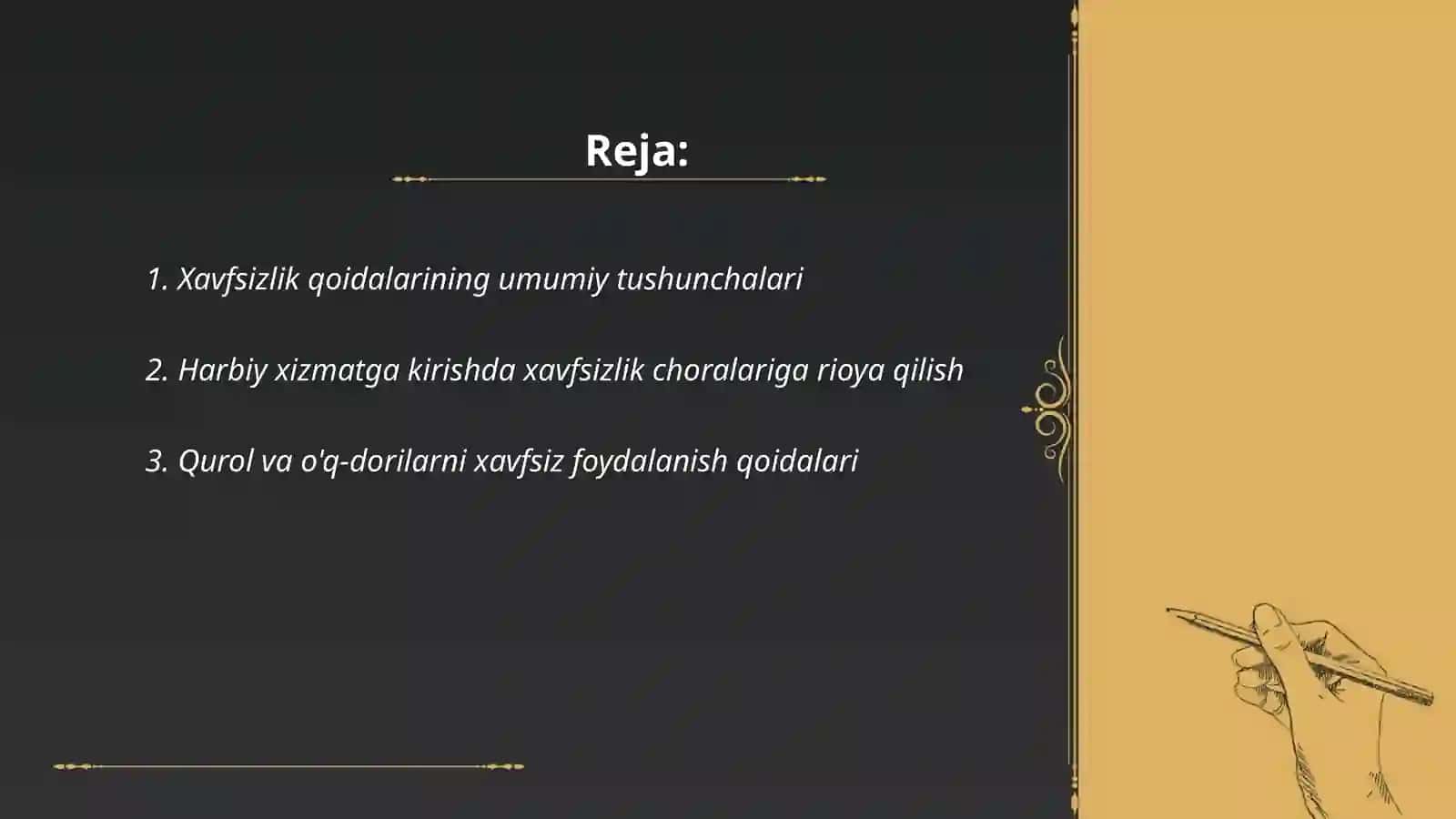 Yangi harbiy xizmatga chaqirilgan harbiy xizmatchilar bilan xavfsizlik qoidalarini taminlash boʻyicha uslubiy yoʻriqlov va amaliy mashgʻulotlarni oʻtkazish uslubiyoti 2