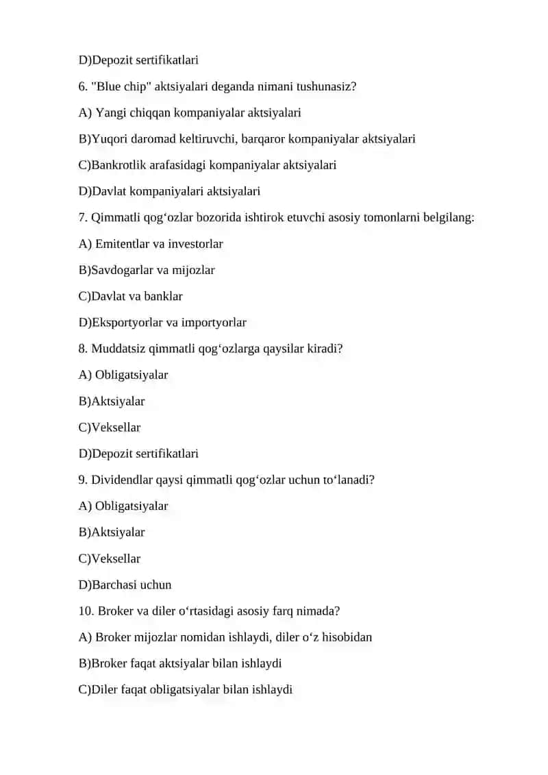 Moliya bozori va qimmatli qogʻozlar bozori boʻyicha test 2