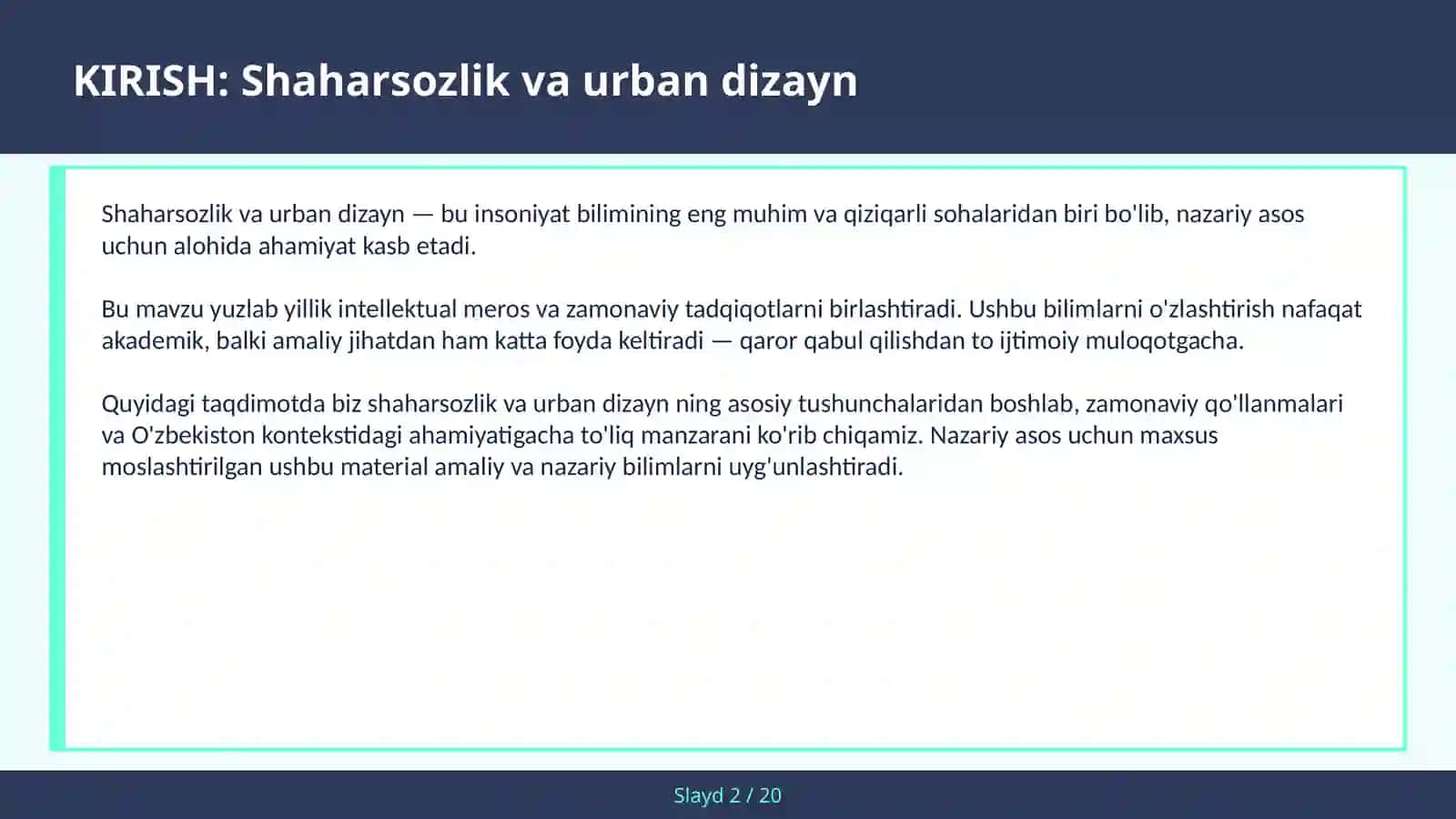 Shaharsozlik va Urban Dizayn 2