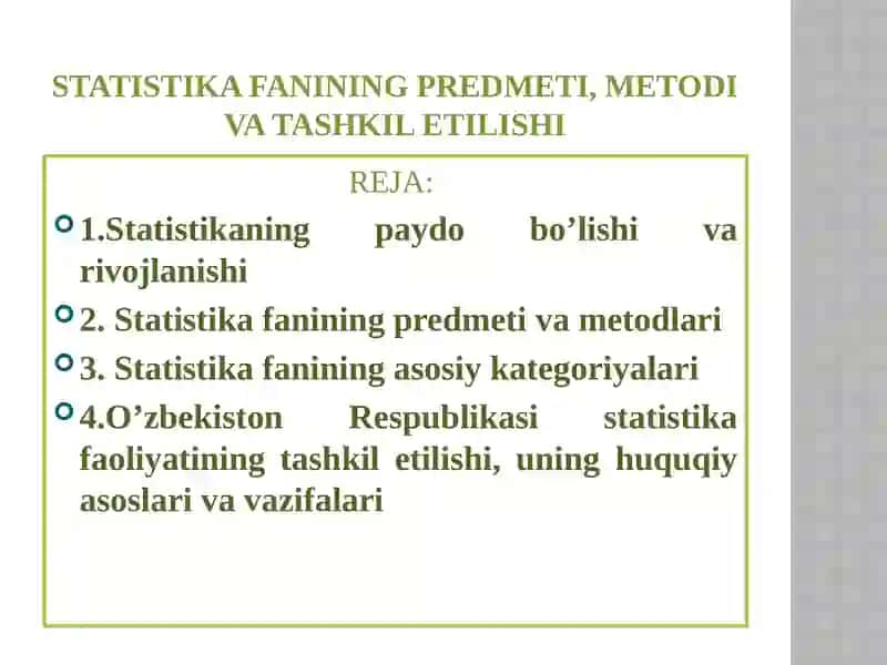 STATISTIKA FANINING PREDMETI, METODI VA TASHKIL ETILISHI 2