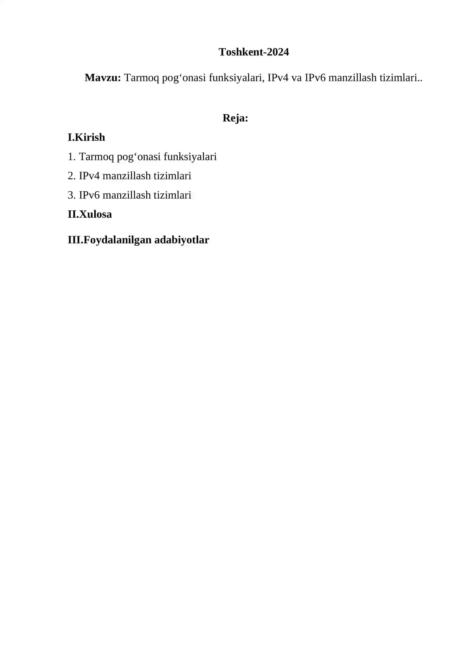 Tarmoq pog‘onasi funksiyalari, IPv4 va IPv6 manzillash tizimlari 2