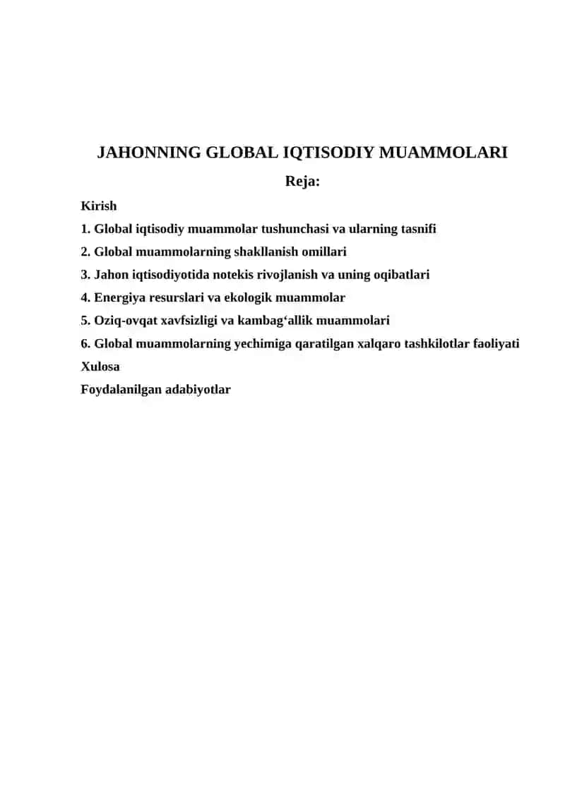 JAHONNING GLOBAL IQTISODIY MUAMMOLARI 2