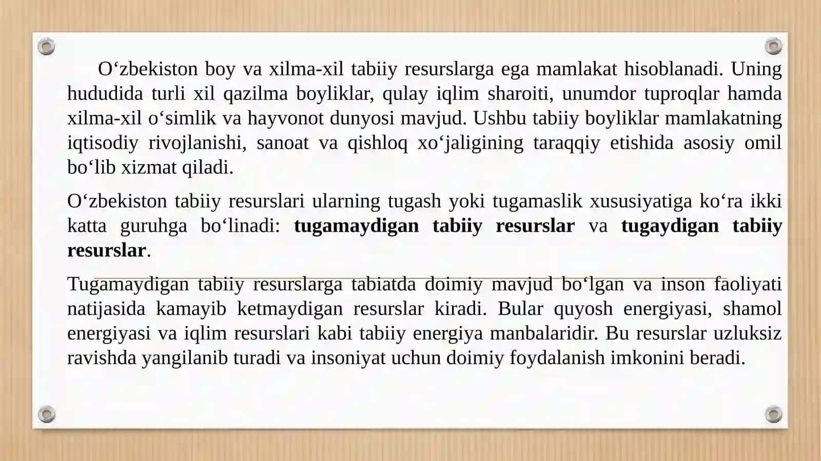 Oʻzbekiston tabiiy resurslardan oqilona foydalanish va muhofaza qilish masalalari 2