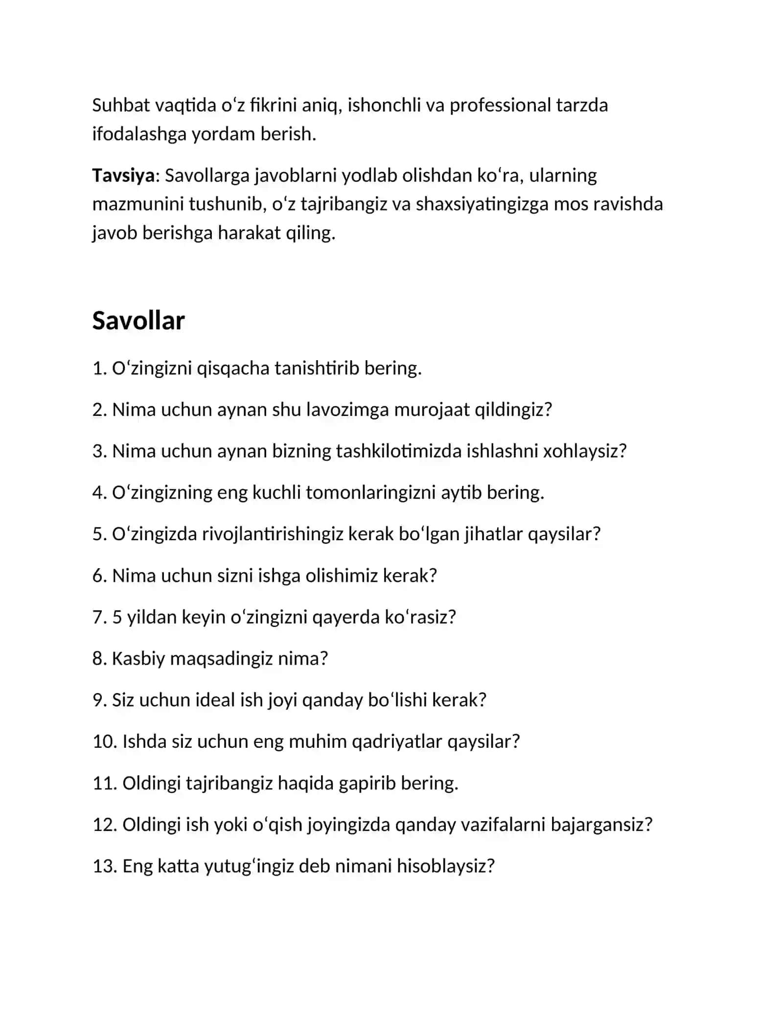 Ishga Kirish Suhbati: 150 Savol + Ideal Javoblar + Professional Shablonlar 2