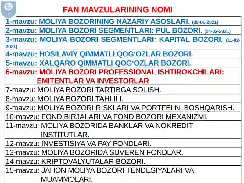 MOLIYA BOZORI PROFESSIONAL ISHTIROKCHILARI: EMITENTLAR VA INVESTORLAR 2