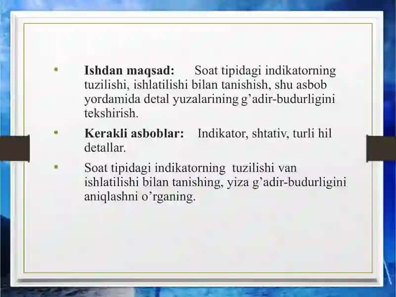 Detallarning yuza tekisligini soat tipidagi indikator yordamida aniqlash 2