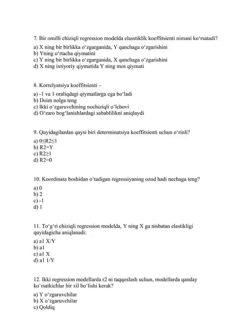 test savollari ekonometrika fanidan 2