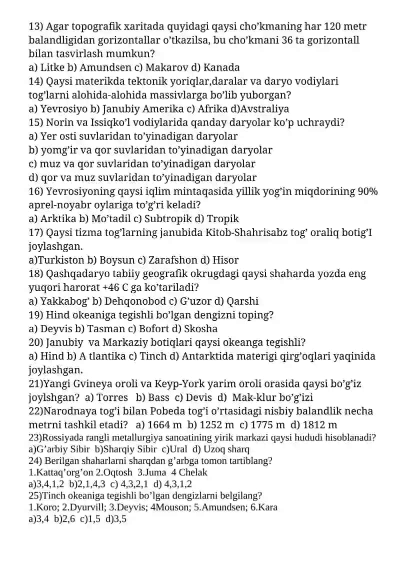 Geografiya fanidan test savollari 2