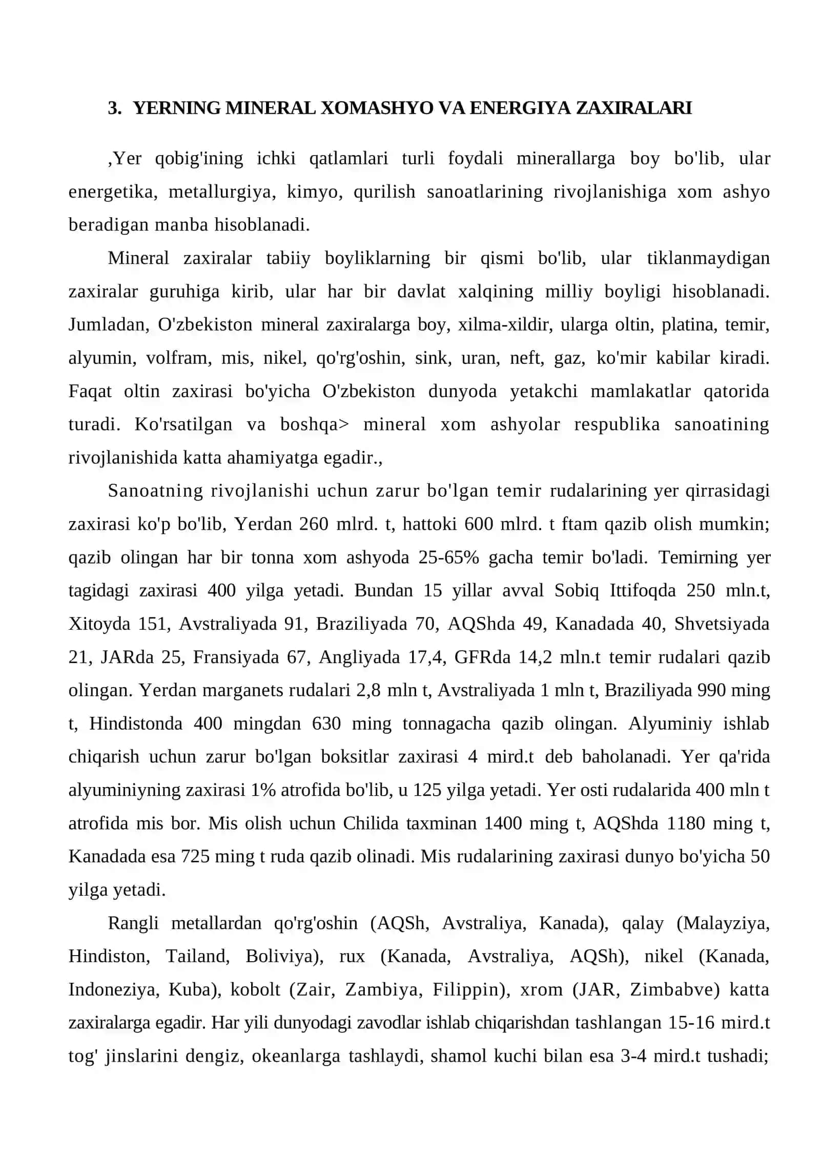 Yerning mineral xom ashyo va energiya zaxiralari 2