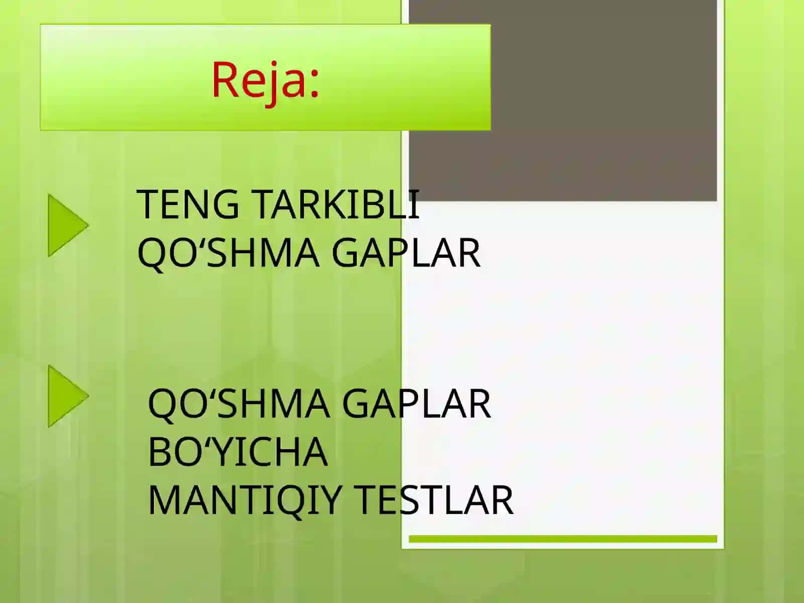 TENG TARKIBLI QO‘SHMA GAPLAR BO‘YICHA MANTIQIY TESTLAR 2