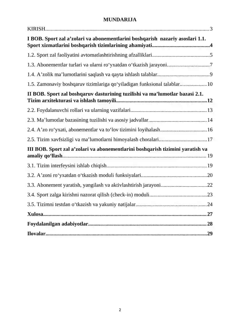 Sport zal a’zolari va abonementlarini boshqarish tizimi 2