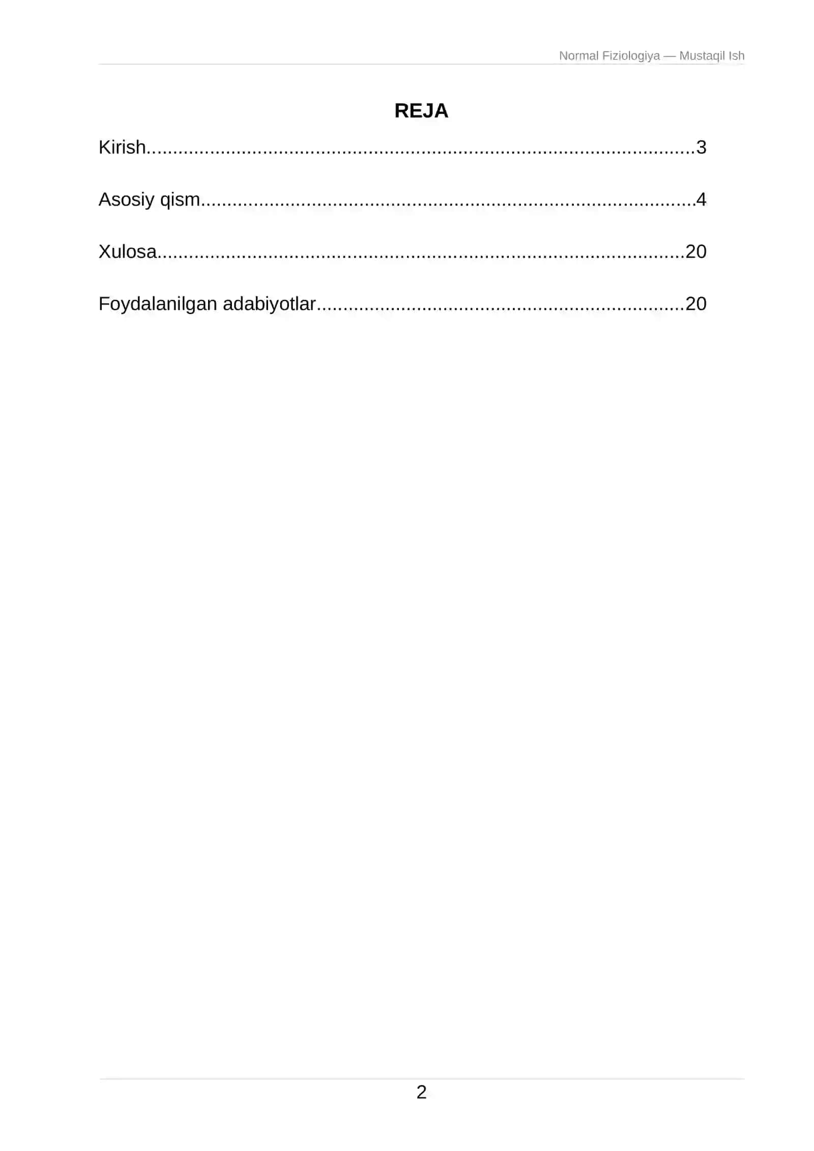 Normal Fiziologiya — Mustaqil Ish 2