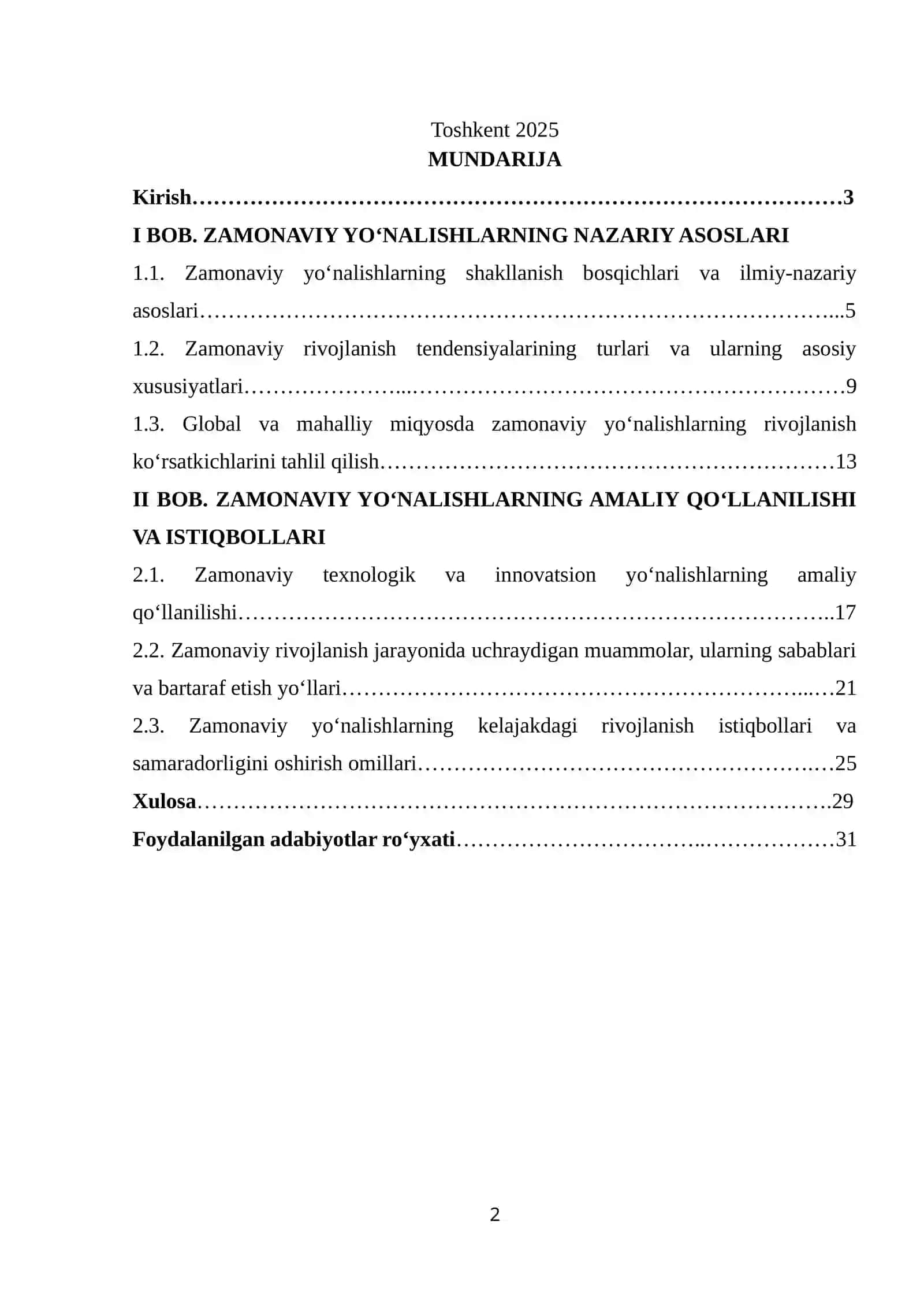 Zamonaviy yo’nalishlar va rivojlanish tendensiyalari 2