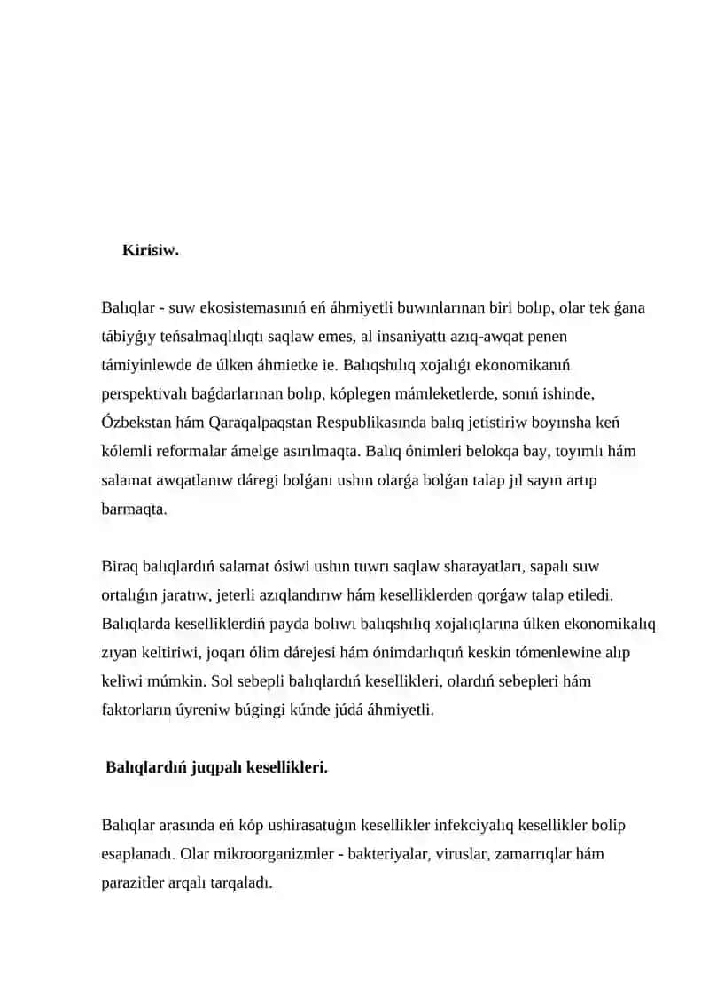 Baliq kesellikleri,mashqalalari,sebepleri. 2