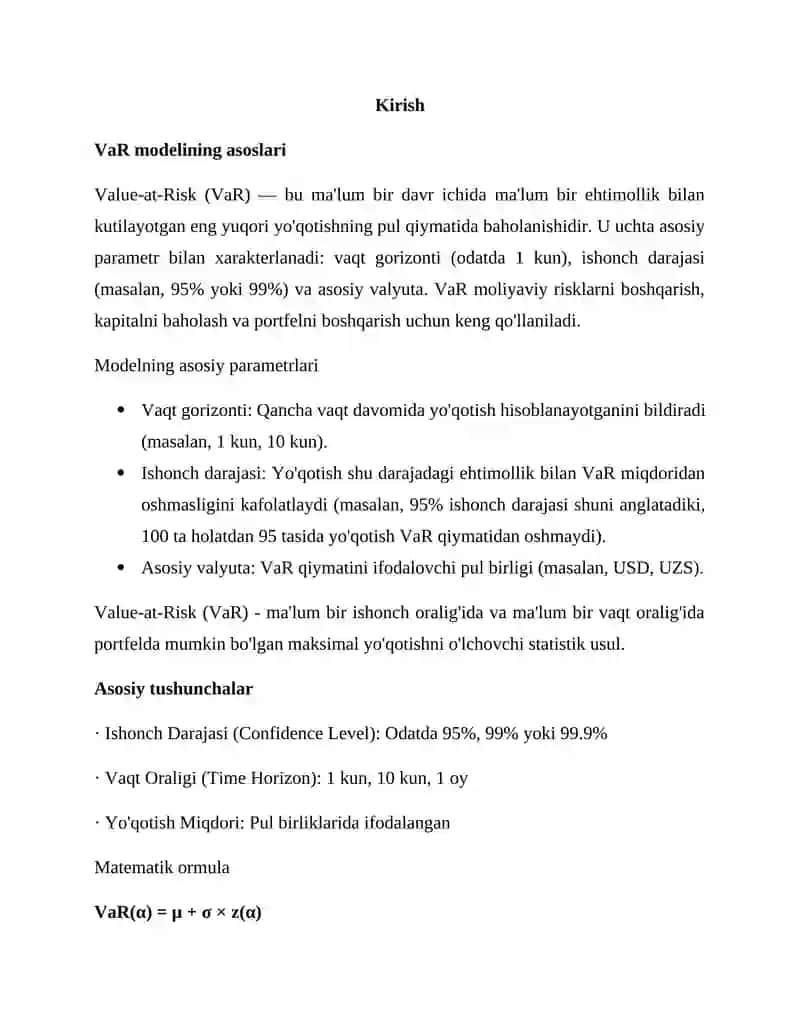 VALUE-AT-RISK (VAR) MODELI VA AMALIY QOʻLLANILISHI 2