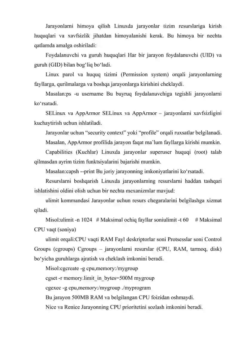 LINUXDAGI JARAYONLARNI HIMOYA QILISH RESURSLARNI BOSHQARISH VA CHEKLASH 2