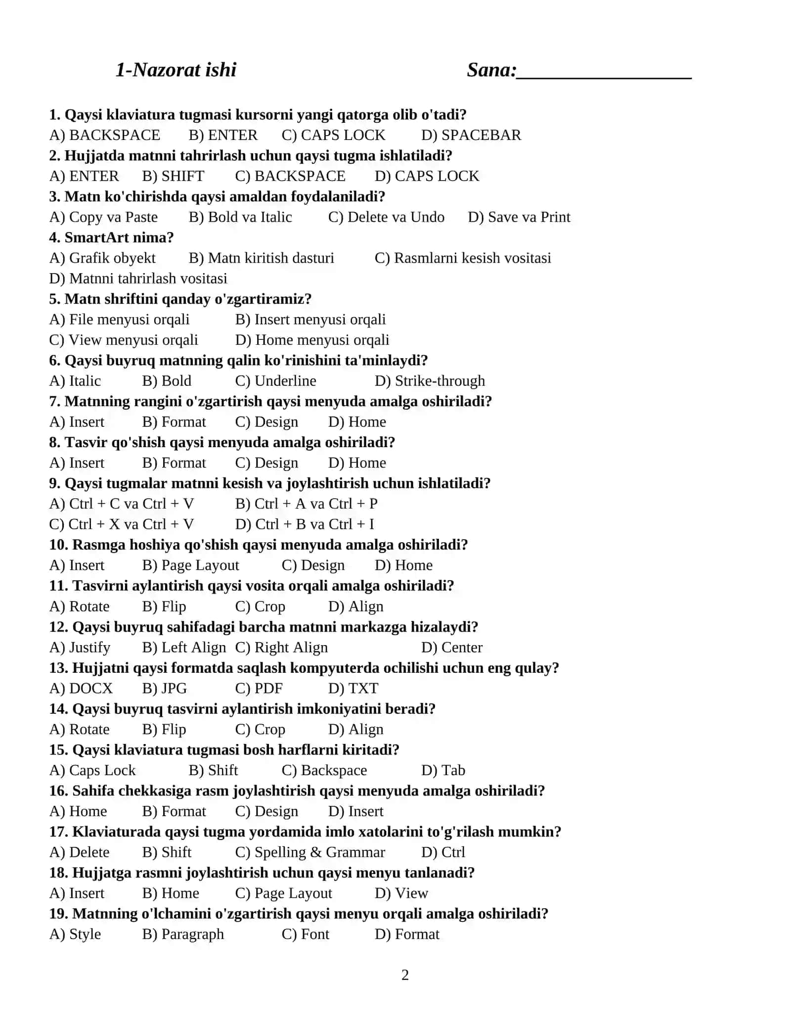 Informatika fanidan nazorat ishlari 2