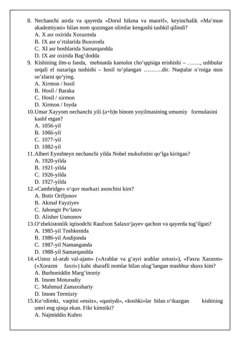 8-SINF O’QUVCHILARI UCHUN TARBIYA FANIDAN NAZORAT ISHI 2