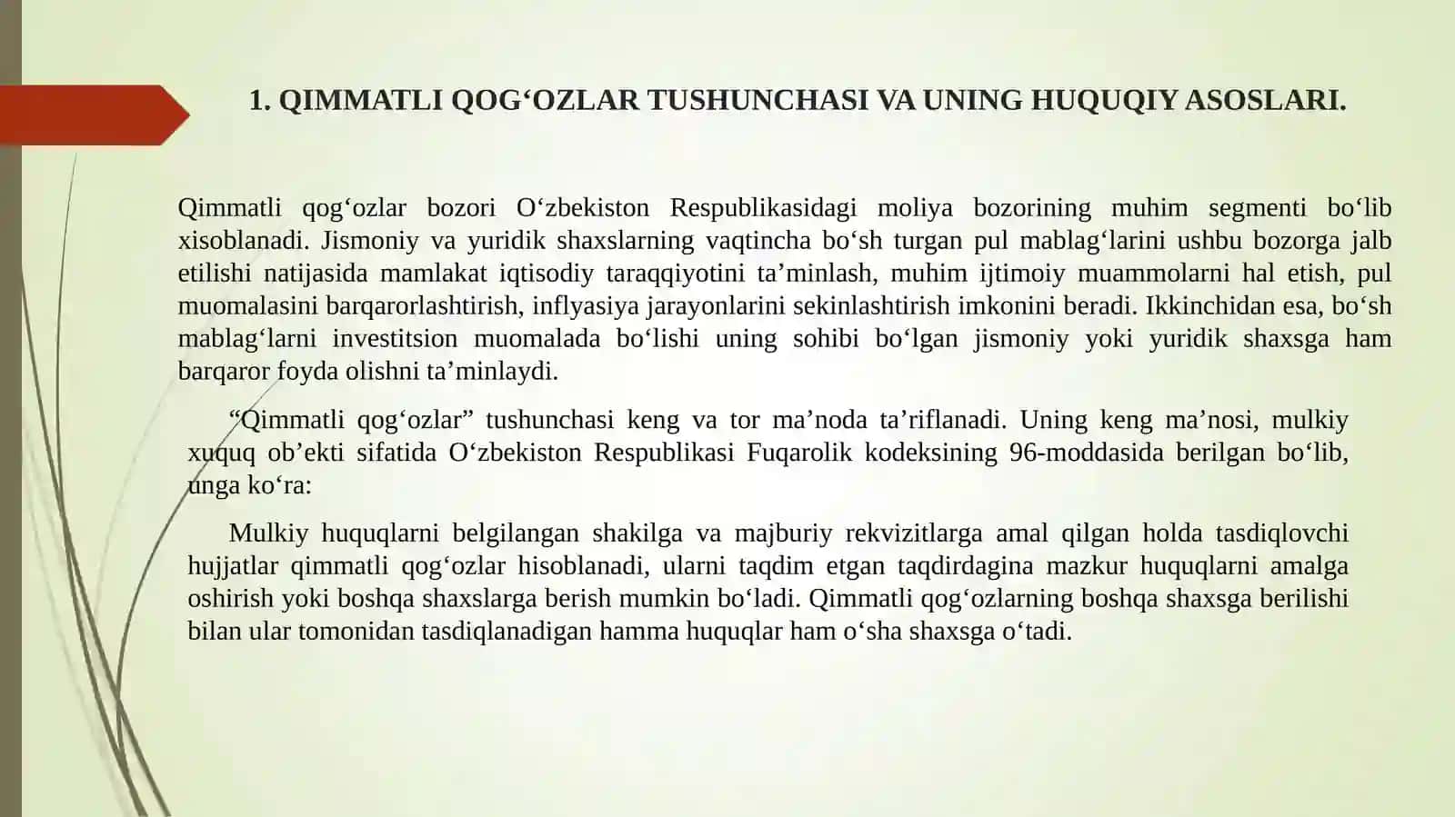 BANKLARNING QIMMATLI QOG‘OZLAR, MAXSUS VOSITALAR BILAN OPERATSIYALARINING HUQUQIY ASOSLARI 2
