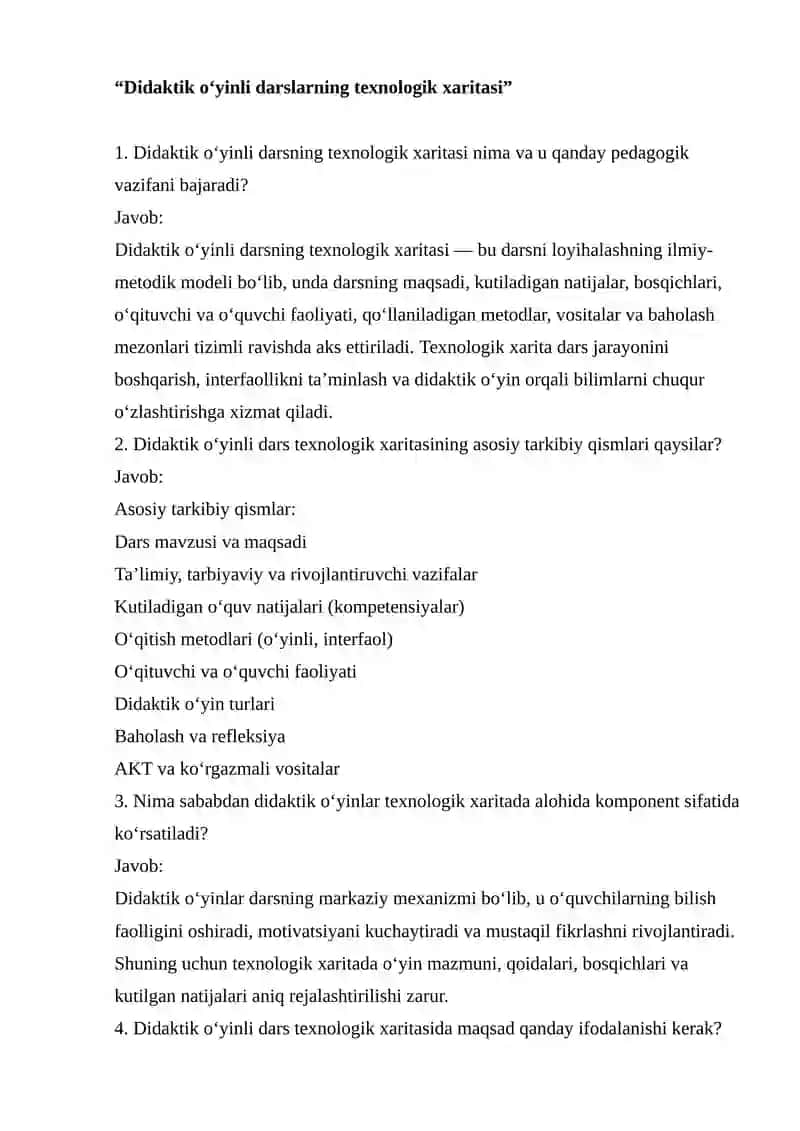 Didaktik oʻyinli darslarining texnologik xaritasi. 2