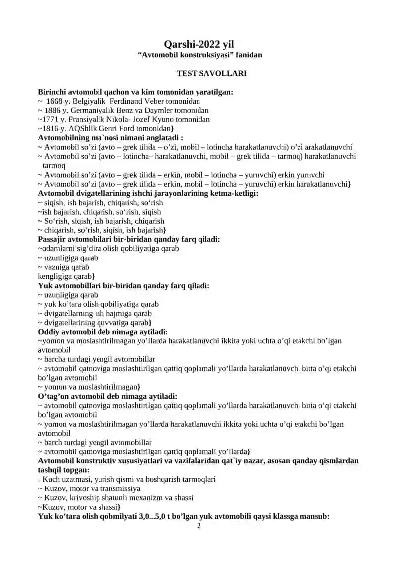 Avtomobil Konstruksiyasi Test Savollari 2