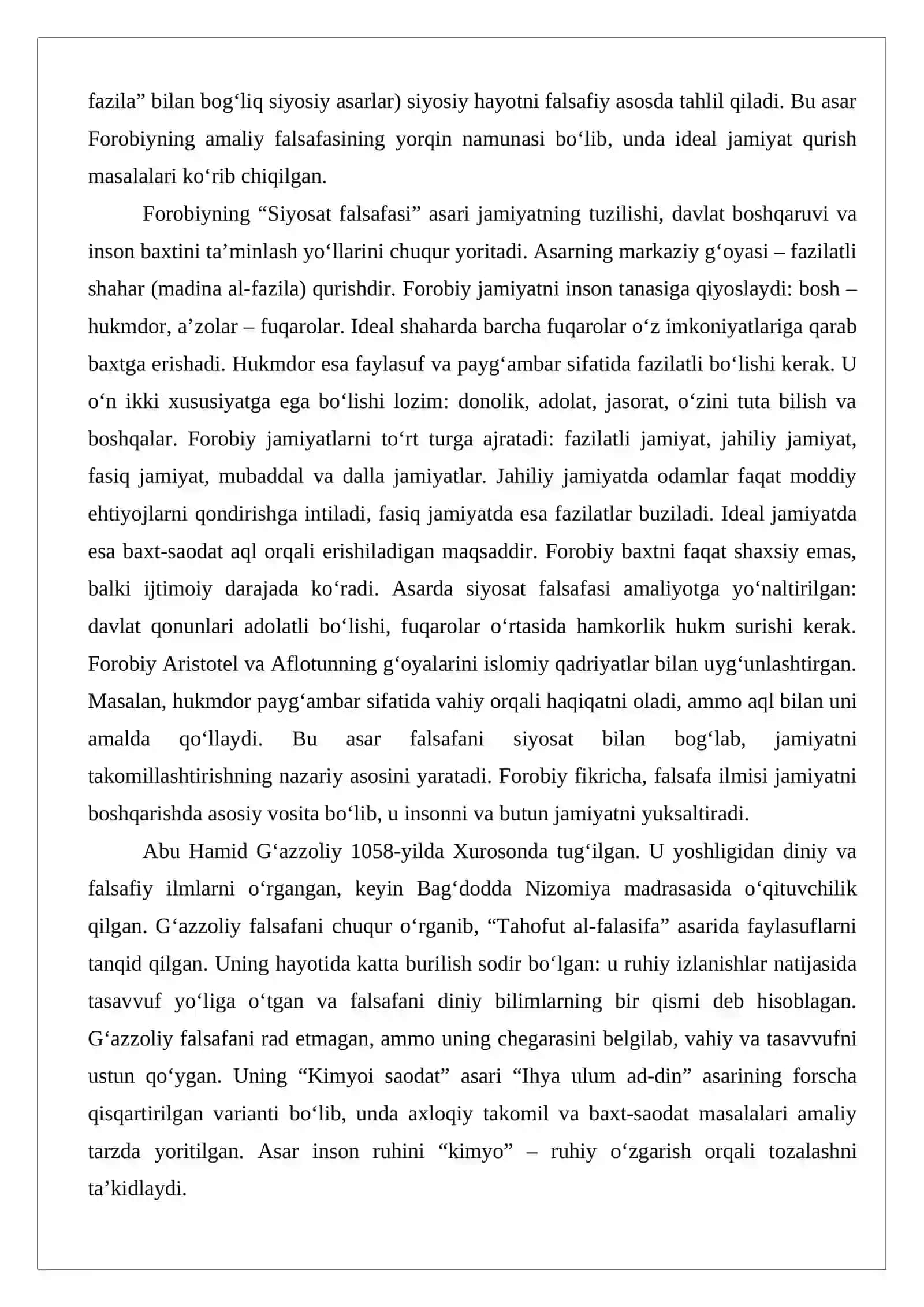 Abu Nasr Forobiy va G‘azzoliyning falsafa ilmiga oid qarashlarini qiyosiy tahlil etish (Forobiyning “Siyosat falsafasi” va G‘azzoliyning “Kimyoi saodat” asarlari asosida) 2