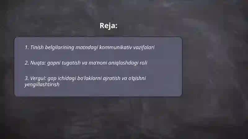 Tinish belgilarining matnda òrinli qòllanishi sabablari va maqsadi haqida izohlovchi mulohazalar yozish 2
