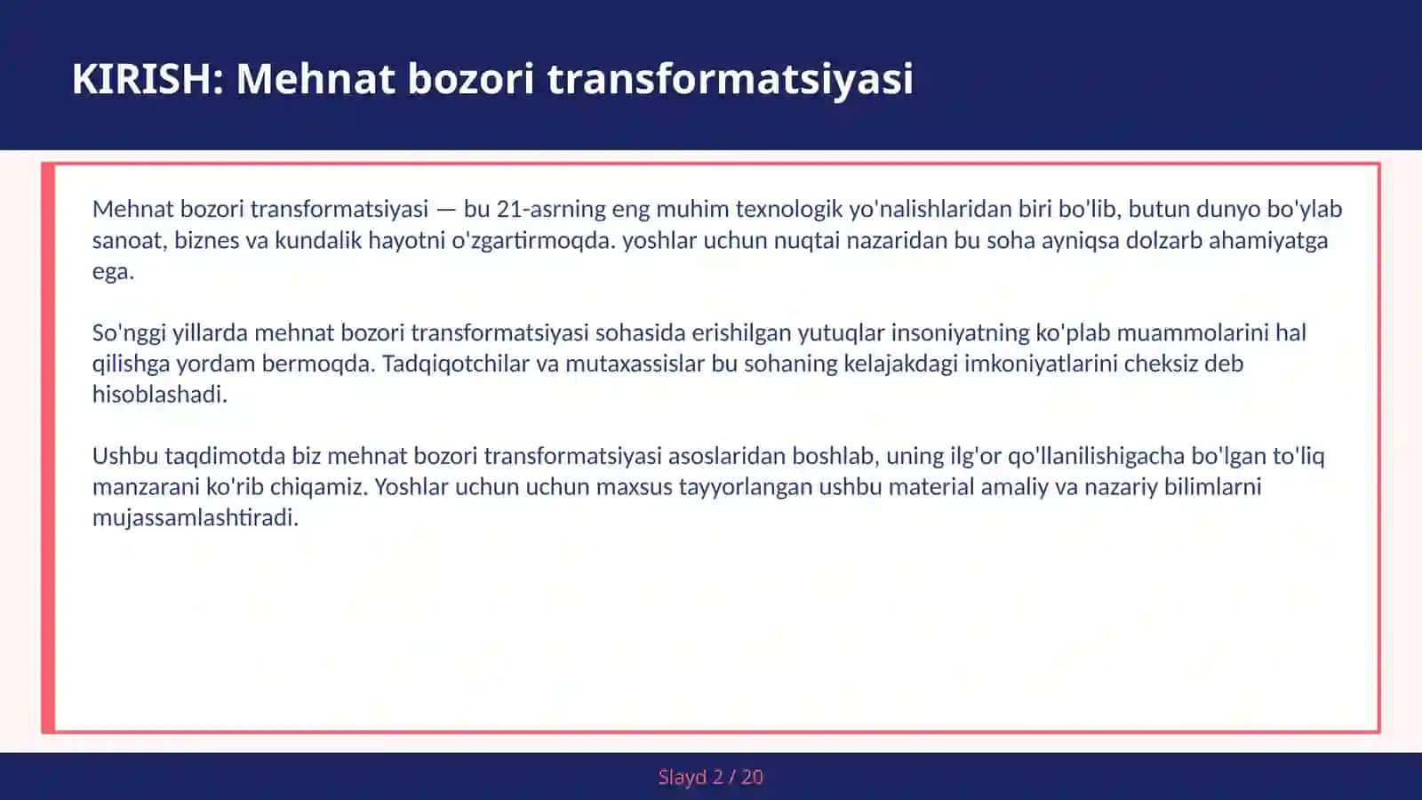 Mehnat Bozori Transformatsiyasi 2