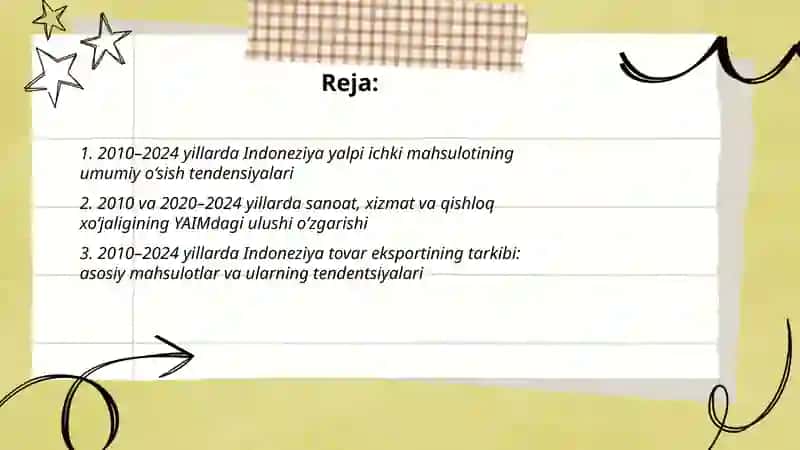 Indoneziya mamlakatining 2010-2020-2021-2022-2023-2024 yillar dagi yalpi ichki maxsulotinga, tovar va xizmat lar eksporti va importi hajmi tarkibi va undagi o'zgarish tendentsiyalari 2