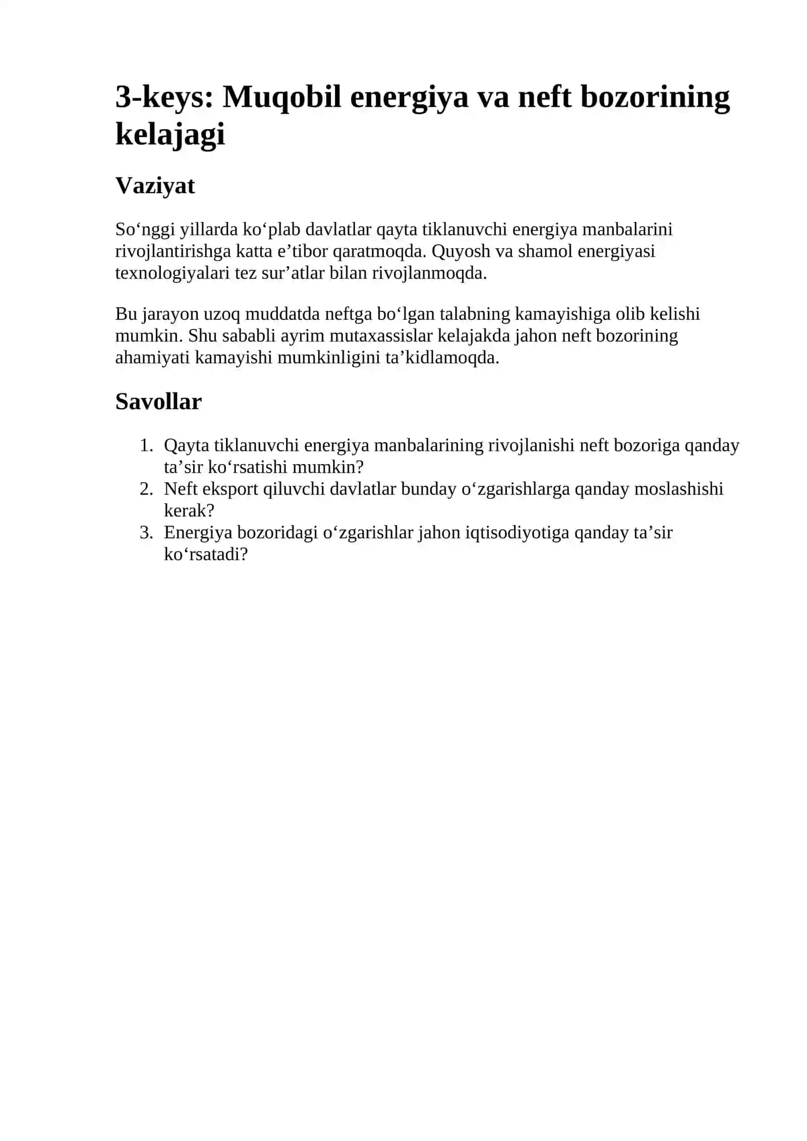 Neft narxining keskin o‘zgarishi 2