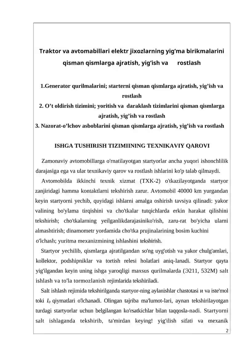 Traktor va avtomobillari elektr jixozlarning yig'ma birikmalari 2