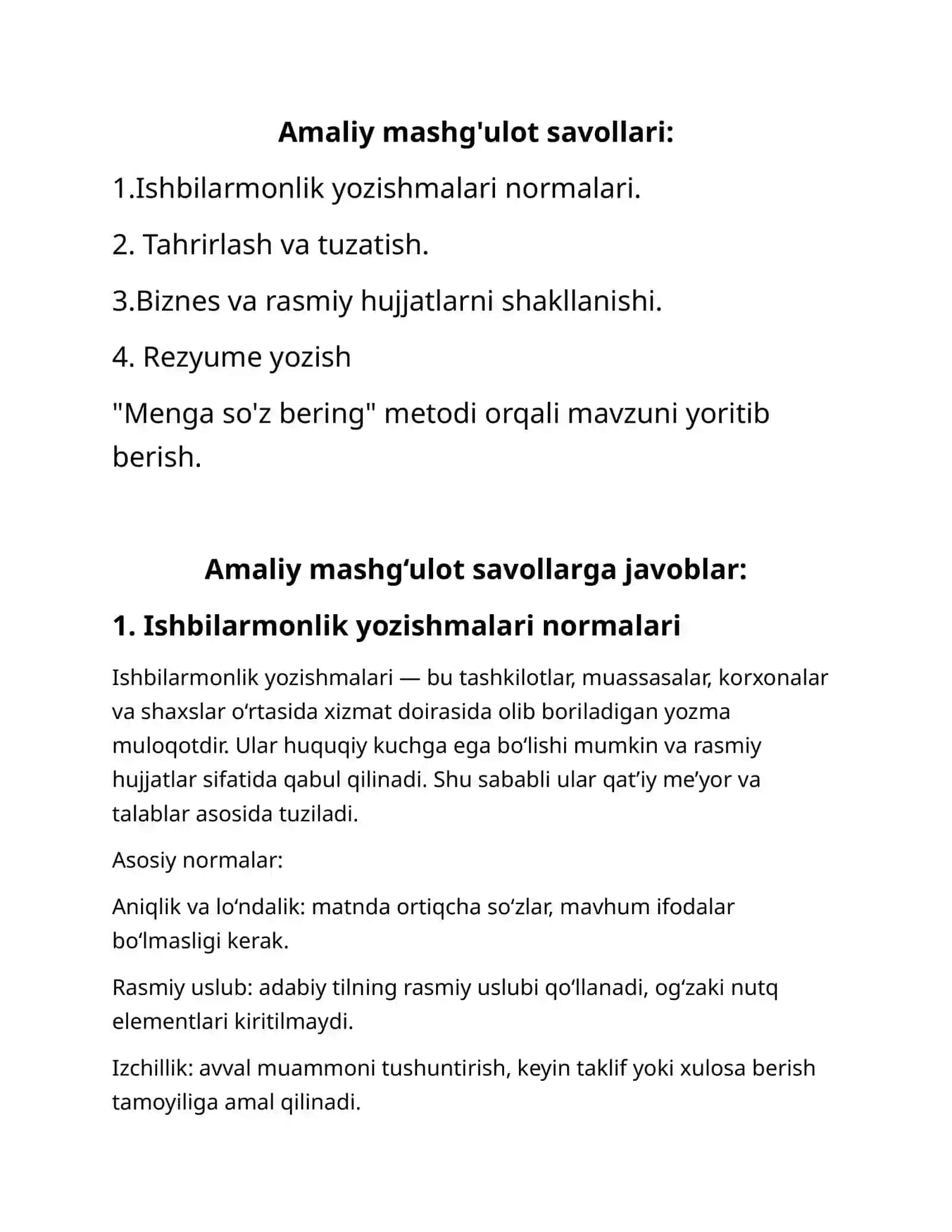 Ishbilarmonlik yozishmalari normalari 2
