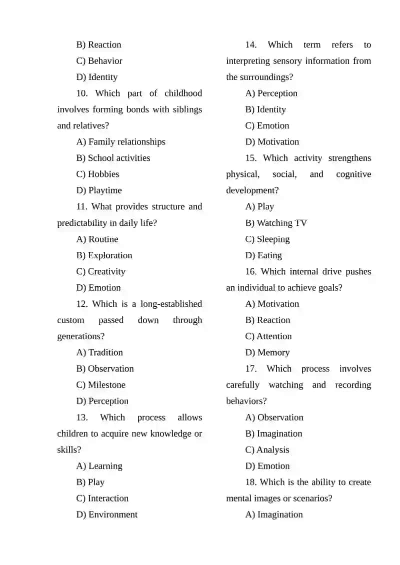 Childhood Memories – Test Questions 2
