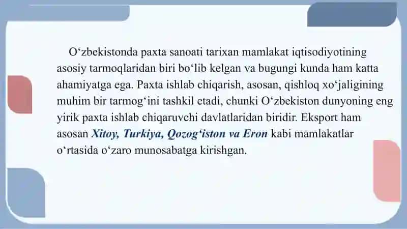 Paxta sanoati SWOT tahlili. 2