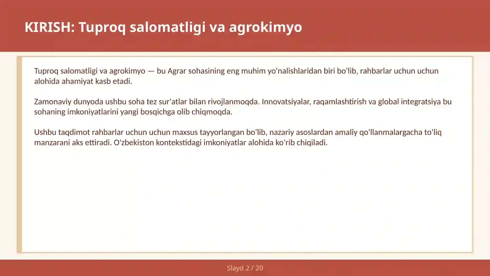 Tuproq salomatligi va agrokimyo 2