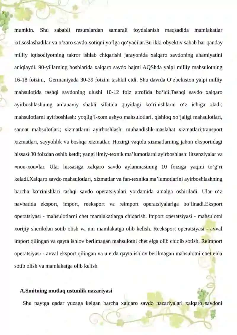 XALQARO SAVDONING ZARURIYATI VA UNING ASOSIY KO’RINISHLARI 2